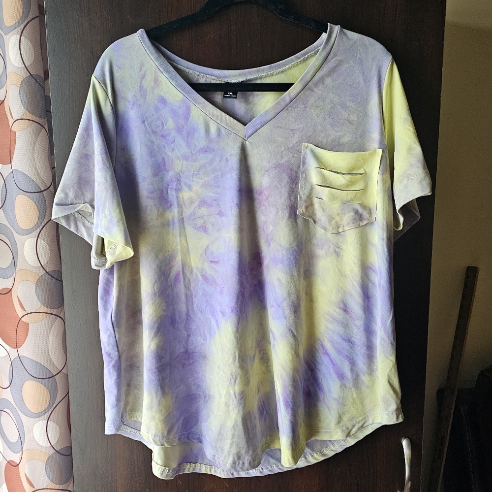SHEIN Purple and Yellow Tie-Dye V-Neck Tee
